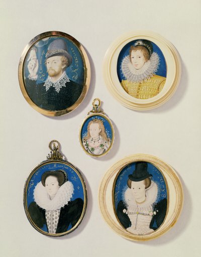 Miniaturas, de izquierda a derecha, de arriba a abajo: Hombre con una mano de una nube; Joven desconocido, 1588; Sra. Holland de 26 años, 1593; Arabella Stuart, Duquesa de Lennox; Dama desconocida de Nicholas Hilliard