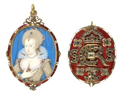 Retrato en miniatura de la Reina Ana de Dinamarca (1574-1619) con cubierta enjoyada, c.1611 de Nicholas Hilliard