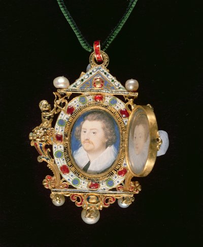 La joya de Gresley, con retratos en miniatura de Sir Thomas Gresley y su novia Catherine Walsingham de Nicholas Hilliard