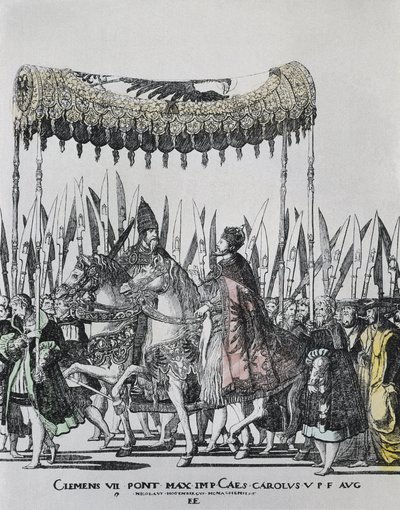 Hogenberg, Nicolas (1500-1539). La coronación de Carlos V en Bolonia. Carlos V (1500-1558). Emperador del Sacro Imperio Romano (1519-1556) y Rey de España (1516-1556), como Carlos I.; Clemente VII (1478-1534). Papa entre 1523 y 1534. Grabado de Nicholas Hogenberg