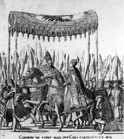 La entrada del Papa Clemente VII y el Emperador Carlos V en Bolonia el 24 de febrero de 1530, placa 27 (detalle) de Nicholas Hogenberg
