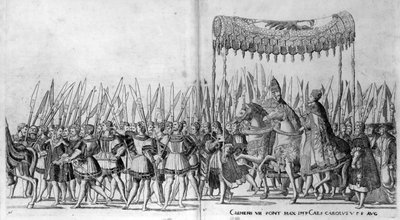 La entrada del Papa Clemente VII y el Emperador Carlos V en Bolonia el 24 de febrero de 1530, placa 27 de Nicholas Hogenberg