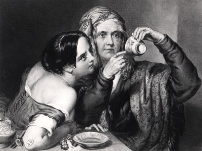 Prediciendo el futuro leyendo posos de café, grabado por Charles William Sharpe (1818-99) de Nicholas Joseph Crowley