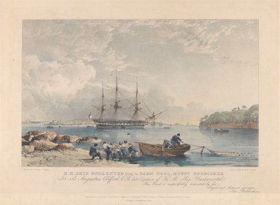 Litografía del HMS "Undaunted" (1807) tumbado en Barn Pool, Mount Edgecombe, c.1797-1811 (litografía, coloreada) de Nicholas Matthews (after) Condy