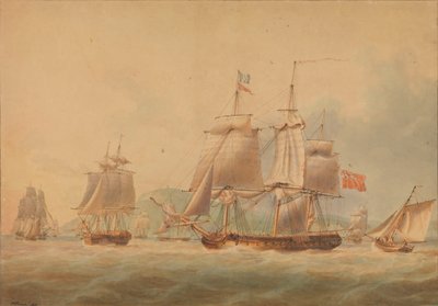 Salida de un convoy, acompañado por una fragata [posiblemente el "Tritón" (1796)]. de Nicholas Pocock