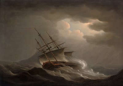 Una fragata escorando en un vendaval en alta mar de Nicholas Pocock