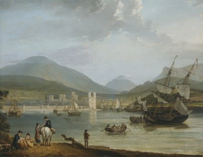 Castillo y bahía de Caernarvon (óleo sobre lienzo) de Nicholas Pocock