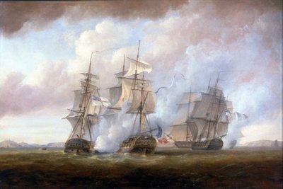 Captura de las fragatas francesas "Resistance" y "Constance" por los HMS "San Fiorenzo" y "Nymphe" el 9 de marzo. de Nicholas Pocock