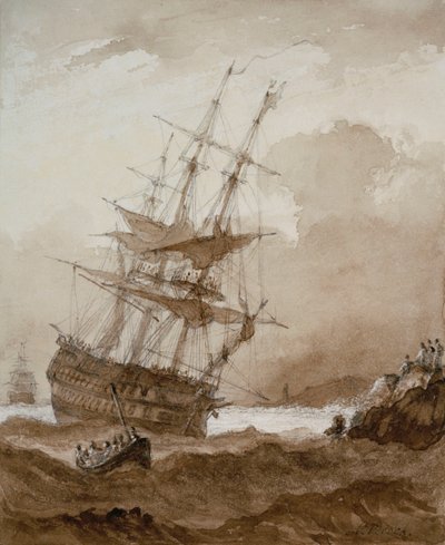 Barco de dos pisos en un vendaval frente a la costa, finales del siglo XVIII-principios del XIX (aguada marrón) de Nicholas Pocock