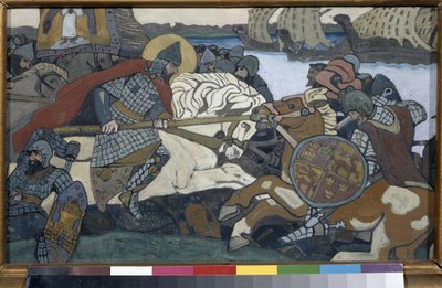Alexander Nevsky (1220-1263) golpeando a Birger Jarl (1210-1266) (o Birger Magnusson de Bjalbo). Episodio de la Batalla del Neva (1240). Obra de Nicolas Roerich (1874-1947), gouache sobre cartón de Nicholas Roerich