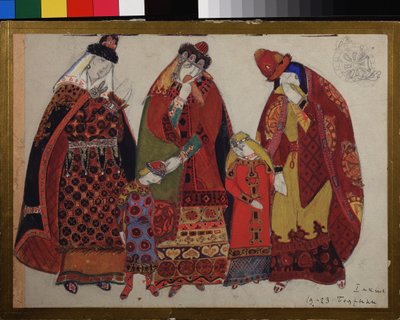 Mujeres y niños. Proyectos de vestuario para la ópera Prince Igor de Alexandre Borodin (Borodin) (1833-1887). Obra de Nicholas Roerich (1874-1947), lápiz, gouache y tinta sobre papel de Nicholas Roerich