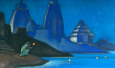 Llama de la felicidad enciende el Ganges, 1947 de Nicholas Roerich