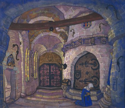 En el Monasterio. Diseño de escenario para la ópera Hermana Beatriz de A. Davydov, 1914 de Nikolai Konstantinowitsch Roerich