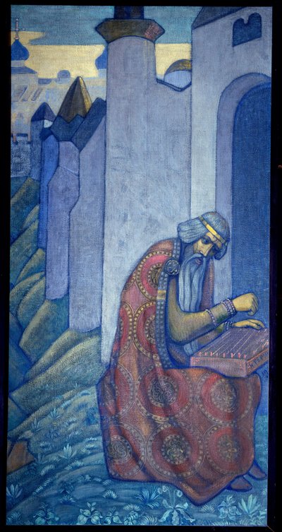 El bardo ruso Boyan tocando gusli (gusli, housli, husli) en el siglo XI. Pintura de Nicolas (Nicholas) Roerich (1874-1947), témpera sobre lienzo de Nicholas Roerich