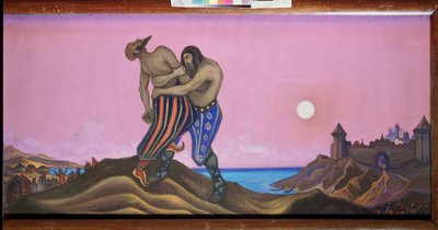 El duelo entre Mstislav y Rededya. (Gran Príncipe Mstislav de Chernigov, conocido como el Temerario (983-1036). Pintura de Nicholas Roerich (1874-1947), témpera sobre lienzo de Nicholas Roerich