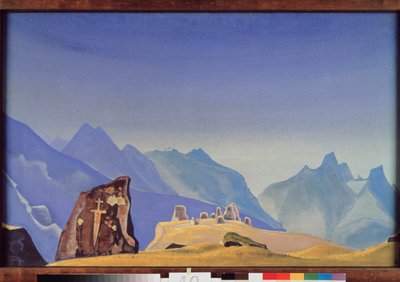 La espada de Gesar Khan (o rey Gesar de Ling, héroe mongol y tibetano). (Tumba de roca en una cumbre de la cadena del Himalaya). Obra de Nicolas (Nicholas) Roerich (1874-1947) témpera sobre lienzo de Nicholas Roerich