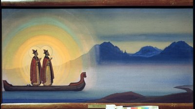 Santos Boris y Gleb. (Hermanos asesinados entre 1015 y 1019, son los primeros santos en Rusia, canonizados en 1071). Pintura de Nicolas (Nicholas) Roerich (1874-1947), teampera sobre lienzo de Nicholas Roerich