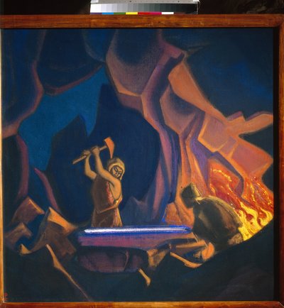 Nibelungo. Forja la espada. (Episodio de la mitología alemana). Obra de Nicolas (Nicholas) Roerich (1874-1947), témpera sobre lienzo de Nicholas Roerich
