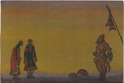 Polovtsianos, polovtsiano y doncellas, diseño de vestuario para "Danzas polovtsianas" de la ópera "Príncipe Igor" de Borodin, 1943 de Nicholas Roerich