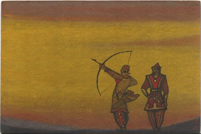 Polovtsianos, uno con un arco, diseño de vestuario para "Danzas polovtsianas" de la ópera "Príncipe Igor" de Borodin, 1943 de Nicholas Roerich