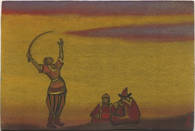 Polovtsianos, uno con cimitarra, diseño de vestuario para "Danzas polovtsianas" de la ópera de Borodin "Príncipe Igor", 1943 de Nicholas Roerich