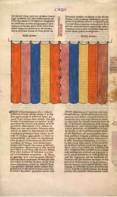 Cortina del Tabernáculo, una de seis hojas ilustradas de la Postilla Litteralis..., ca. 1360-1 de Nicholas of Lyra