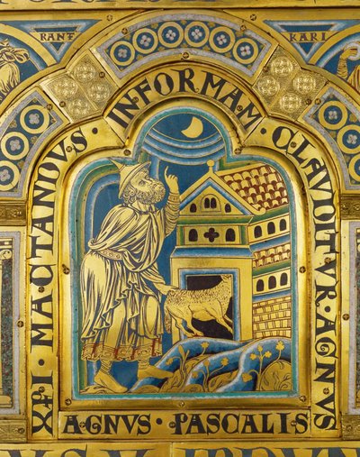 Agnus Pascalis, el Cordero simbólico de Pascua ... (placa esmaltada en técnica champleve sobre cobre dorado) de Nicholas of Verdun