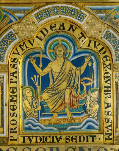 Cristo se sienta en el juicio, los santos llevan los instrumentos de su pasión ... (esmalte sobre cobre dorado) de Nicholas of Verdun