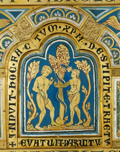 Eva le da la manzana a Adán ... (esmalte sobre cobre dorado) de Nicholas of Verdun