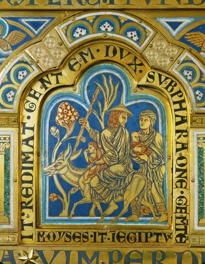 Moisés regresa a Egipto con su esposa Séfora y sus dos hijos ... (esmalte sobre cobre dorado) de Nicholas of Verdun