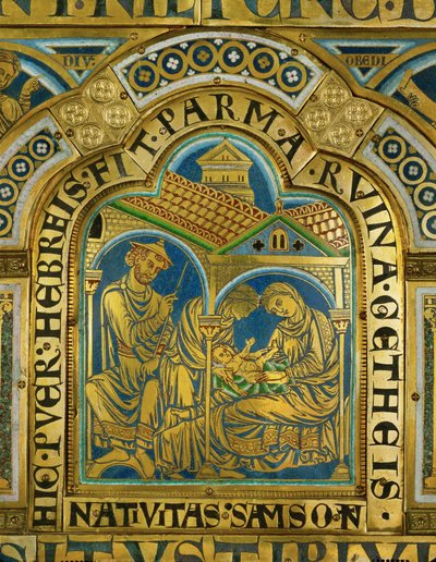 El nacimiento de Sansón, Manoa con sombrero de judío medieval ... (esmalte sobre cobre dorado) de Nicholas of Verdun