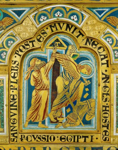 Décima plaga de Egipto: los israelitas pintan las jambas de sus puertas con la sangre del cordero pascual ... (esmalte sobre cobre dorado) de Nicholas of Verdun