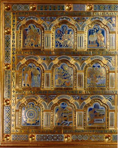 El Altar de Verdun hecho en oro y esmalte por Nicolas de Verdun (ca.1130/50-1205): escenas del Antiguo y Nuevo Testamento (cruzando el Mar Rojo, Rey Melquisedec, el bautismo de Cristo, t de Nicholas of Verdun