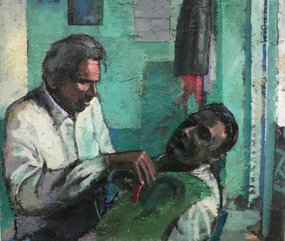 Barbería, 2017-23 (óleo sobre tabla) de Nick Williams