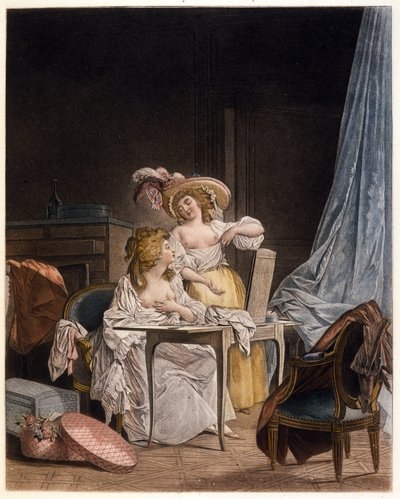 La comparación. Dos mujeres comparan el tamaño de su pecho. Grabado de Nicolas Lavreince (1737-1807), circa 1782 de Niclas II Lafrensen