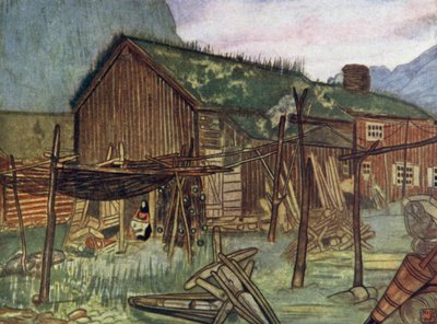 Noruega: redes de pesca en Sundalsoren (litografía a color) de Nico Jungman