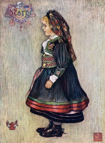 Noruega: chica de Saetersdalen con traje nacional (litografía a color) de Nico Jungman