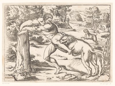 Milón de Crotona atacado por un león de Nicolò Boldrini (attributed to)