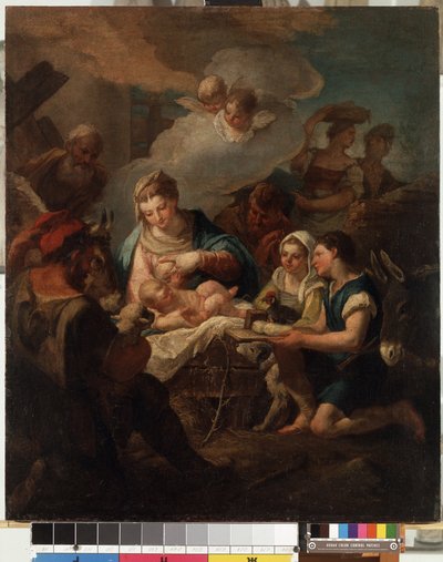 ""Adoración del Niño Jesús"" (La Adoración del Niño Jesús) Pintura de Nicola Grassi (1682-1748) Museo de Bellas Artes Mikalojus Konstantinas Ciurlionis del siglo XVIII, Kaunas, Lituania de Nicolò Grassi