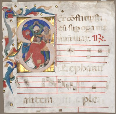 Fragmento de un antifonario con inicial historiada (S): La lapidación de San Esteban de Nicolò da Bologna