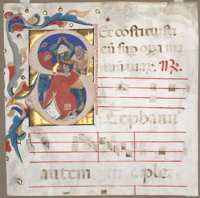 Fragmento de un antifonario con inicial historiada S: El apedreamiento de San Esteban, c. 1370-1372 de Nicolò da Bologna
