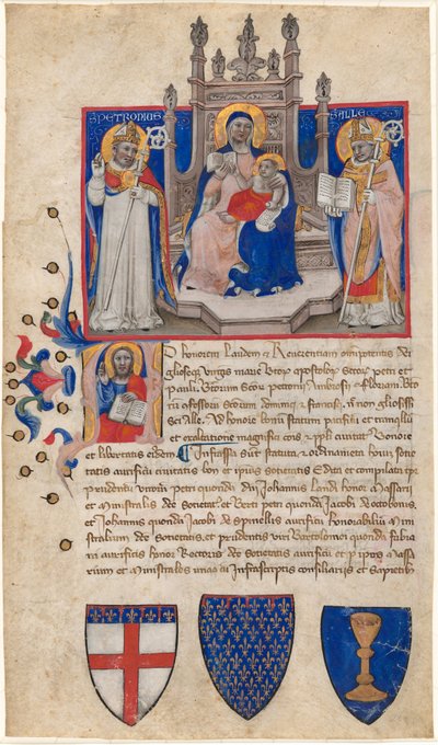 Madonna y el Niño entronizados entre los santos Petronio y Alle (Eligio); Cristo en la inicial A de Nicolò da Bologna