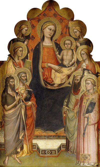 La Madonna y el Niño entronizados con los santos Juan Bautista, Pedro, María Magdalena, Pablo y Esteban, una santa mártir y ángeles de Nicolò di Pietro