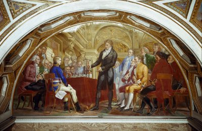 Alessandro Volta presentado en 1801 al cónsul Napoleón Bonaparte en el Institut national de France los resultados de sus experimentos que le permitieron inventar la batería eléctrica de Nicola Cianfanelli
