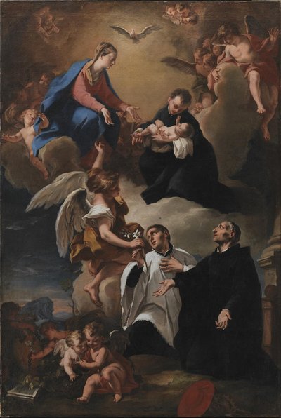 El Espíritu Santo, Ángeles y la Virgen con los Santos Marcos, Stanislau Kostka (sosteniendo al niño), Aloysius Gonzaga y Francisco de Borja de Nicola Grassi