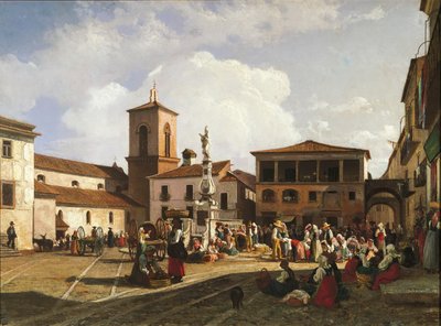 Benevento (Región de Campania), Plaza Orsini con el campanario de la Catedral y la fuente dedicada al Papa Orsini (óleo sobre lienzo) de Nicola Palizzi