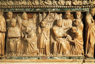 Relieve que representa la aprobación de la Orden por el Papa Inocencio III de Nicola Pisano