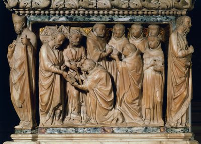 Los Apóstoles Pedro y Pablo aparecen a San Domingo, relieve decorativo del Arca de San Domingo, por Nicola Pisano y su taller, mármol, Capilla de San Domingo, Basílica de San Domingo, Bolonia, Emilia-Romaña, Italia de Nicola Pisano