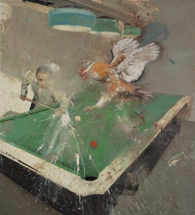 Billar con gallo, 2021 (óleo sobre lienzo) de Nicola Pucci