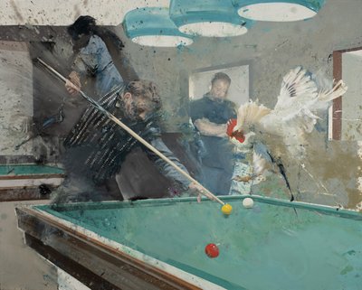 Billar con gallo II, 2022 (óleo sobre lienzo) de Nicola Pucci